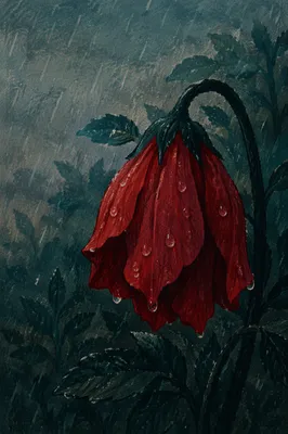 Wilting Red Flower in Gentle Rain