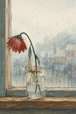 Wilting Red Flower in Rainy Window