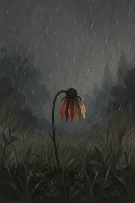 Lonely Wilting Wildflower in Rain