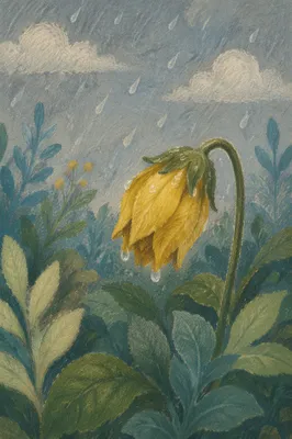 Wilting Yellow Flower in Gentle Rain