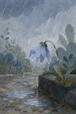 Wilting Blue Flower in Quiet Rain