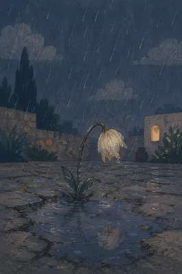 Wilting Flower in Rain After Dusk