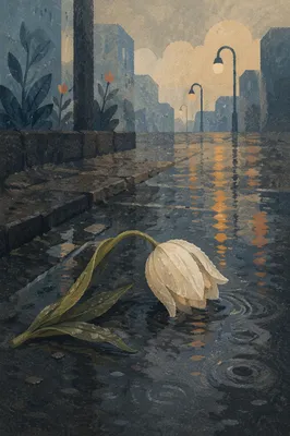 Wilting White Tulip in Rainy Grief
