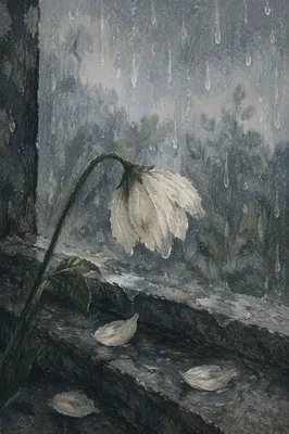Wilting White Flower in Rainy Silence