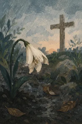 Wilting Lily in Rain Beside Cross