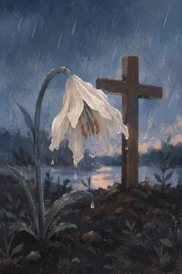Wilting Lily in Rain Beside Cross