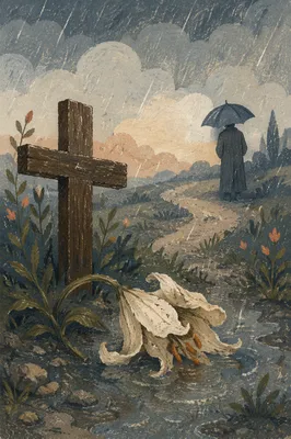Wilting Lily Beside Cross in Rain