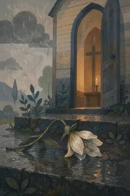 Wilting White Flower Before Chapel Door