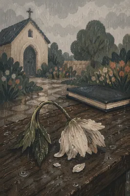 Wilting White Flower in Chapel Rain