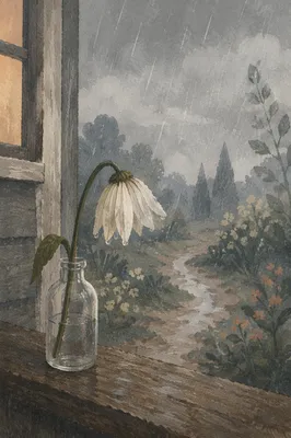 Wilting White Flower in Rainy Stillness