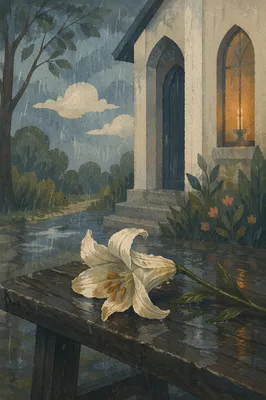 Wilting Lily in Rain Beside Chapel
