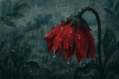 Wilting Red Flower in Gentle Rain