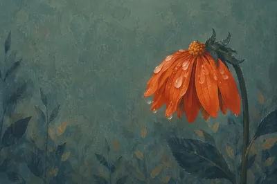 Wilting Orange Flower in Gentle Rain