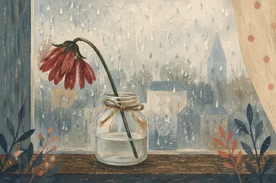 Wilting Red Flower in Rainy Window