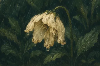 Wilting White Flower in Gentle Rain