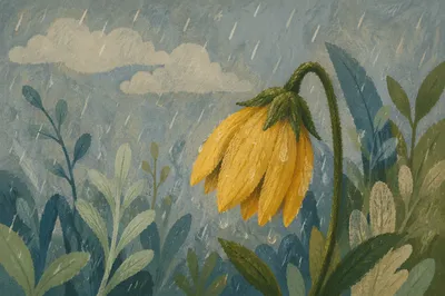 Wilting Yellow Flower in Gentle Rain