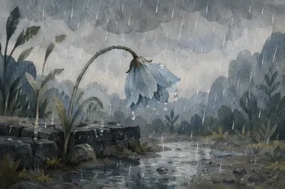 Wilting Blue Flower in Quiet Rain