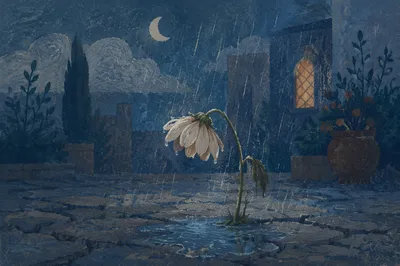 Wilting Flower in Rainy Evening Grief