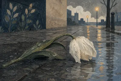 Wilting White Tulip in Rainy Grief