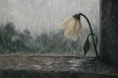 Wilting White Flower in Quiet Rain