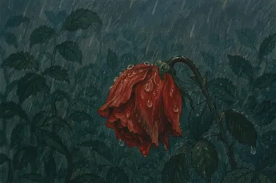 Wilting Red Rose in Gentle Rain
