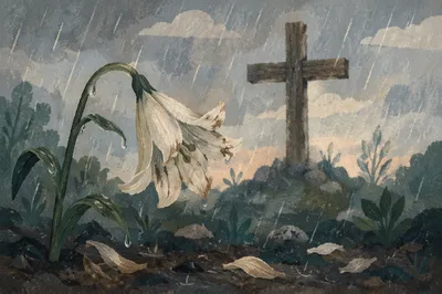 Wilting Lily in Rain Beside Cross