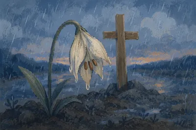Wilting Lily in Rain Beside Wooden Cross