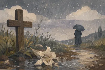 Wilting Lily Beside Cross in Rain
