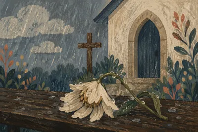 Wilting White Flower in Chapel Rain