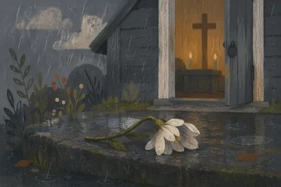 Wilting White Flower in Chapel Rain