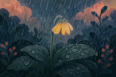 Wilting Yellow Flower in Gentle Rain