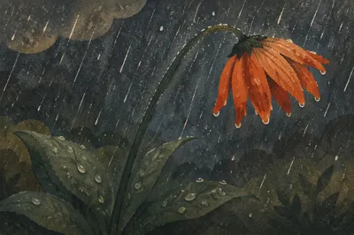Wilting Orange Wildflower in Mourning Rain