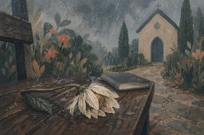 Wilting White Flower in Chapel Rain