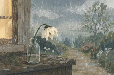 Wilting White Flower in Rainy Grief