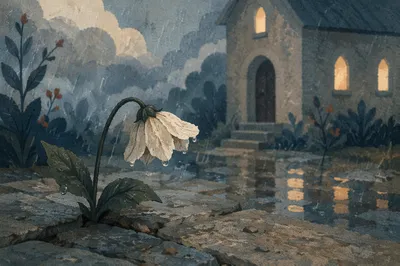 Wilting White Flower in Gentle Rain