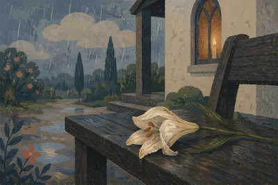 Wilting White Lily in Chapel Rain