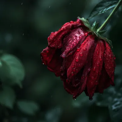 Wilting Red Flower in Gentle Rain
