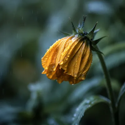 Wilting Yellow Flower in Gentle Rain