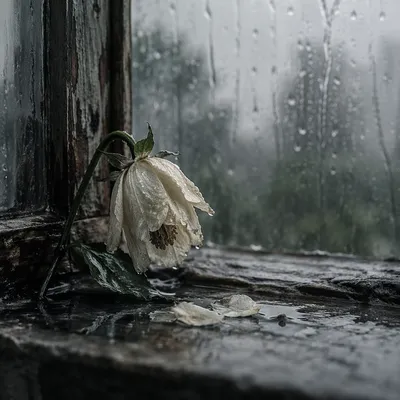 Wilting White Flower in Rainy Silence