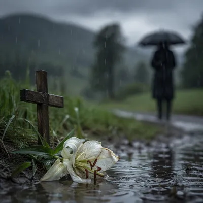 Wilting Lily in Rain Beside Wooden Cross