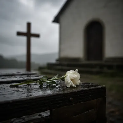Wilting White Flower in Chapel Rain