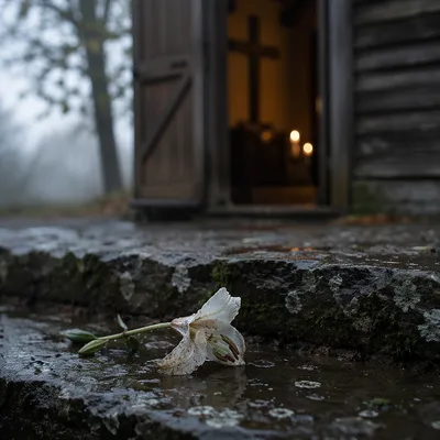 Wilting White Flower in Chapel Rain
