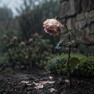 Wilting Pale Rose in Gentle Rain