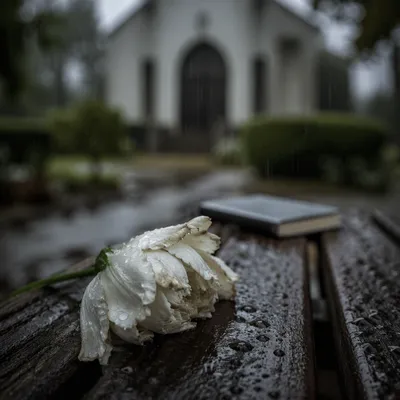 Wilting White Flower in Chapel Rain