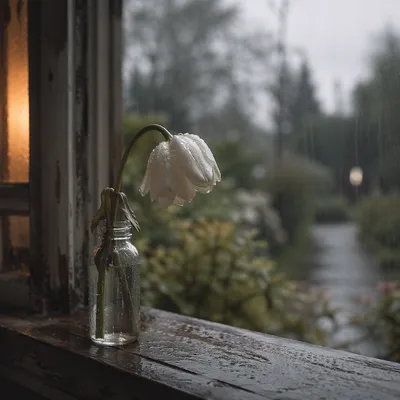 Wilting White Flower in Gentle Rain