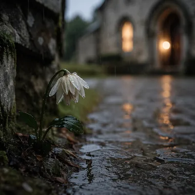 Wilting White Flower in Gentle Rain