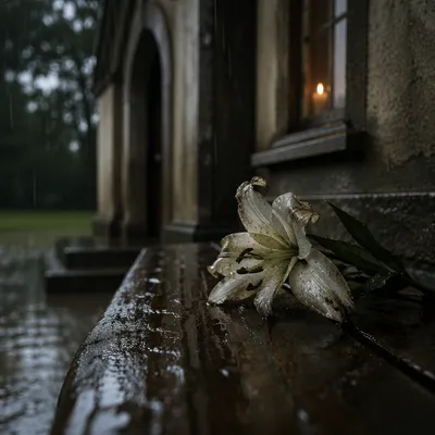 Wilting White Lily on Rainy Chapel Bench