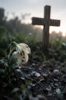 Wilting White Lily Beside Rainy Cross