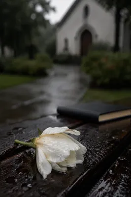 Wilting White Flower in Chapel Rain