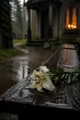 Wilting White Lily in Chapel Rain